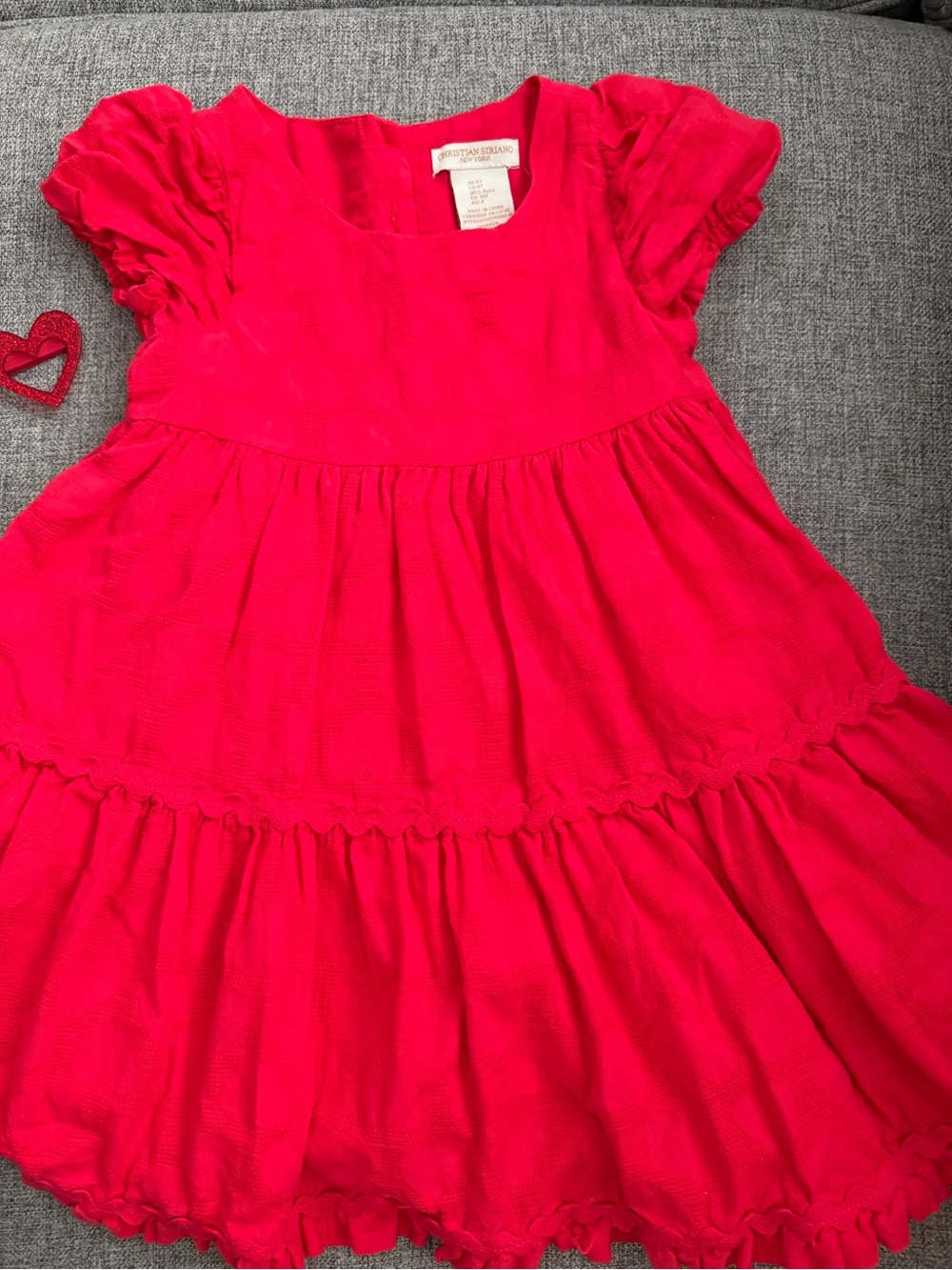 Christian Siriano Red Tiered Puff-Sleeve, Lined Dress | hearts motif S 4T VGUC